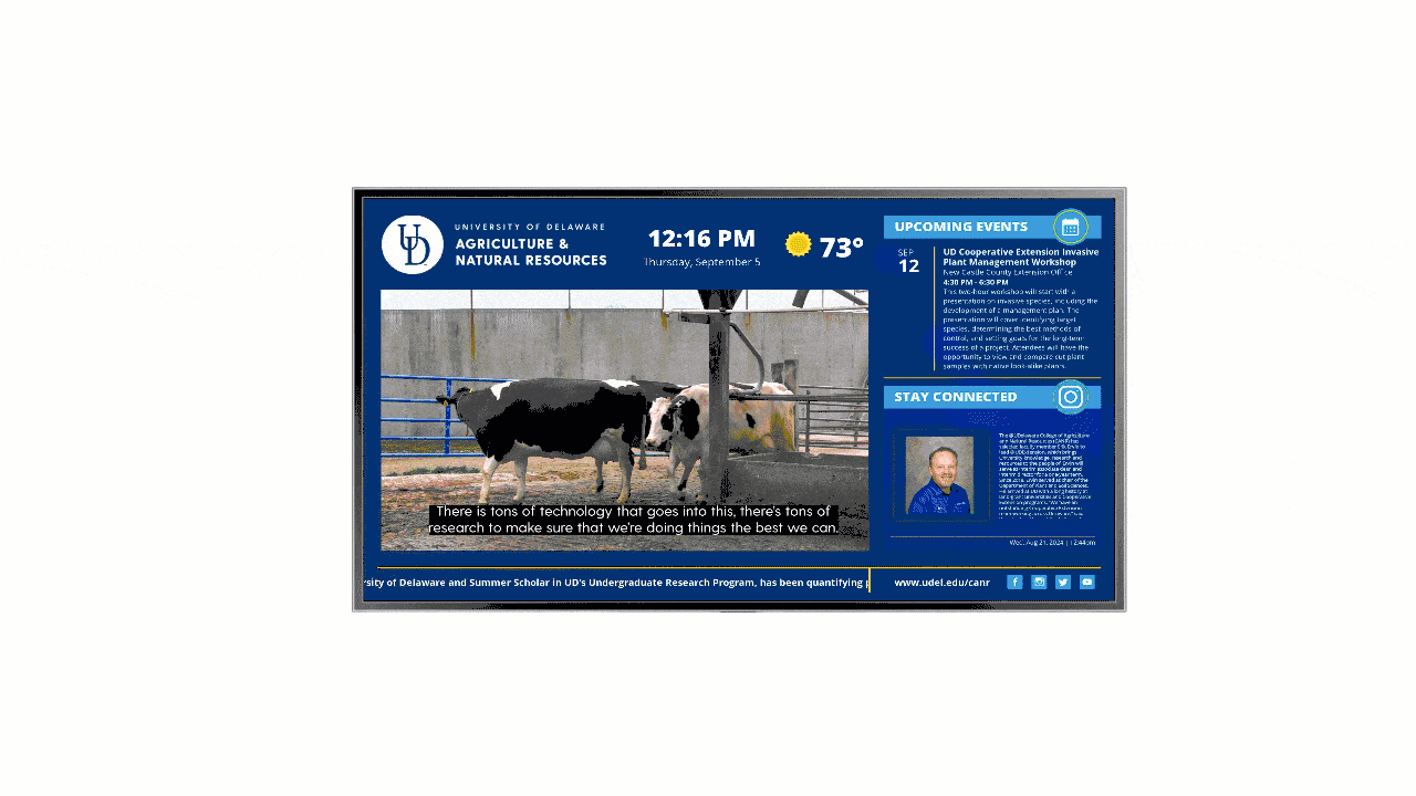 Animated, digital signage screen highlighting available apps and integrations from REACH Media Network