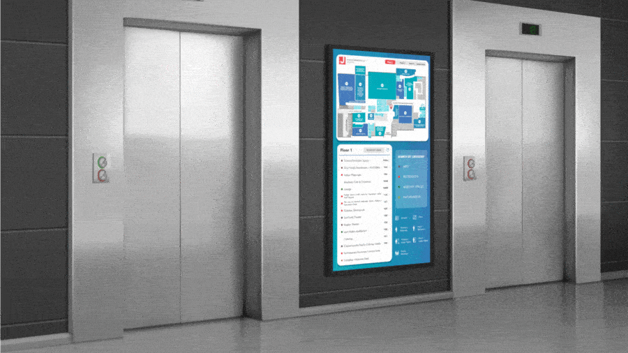 Animated, digital signage wayfinding by elevator, Reach Media Network, 2025