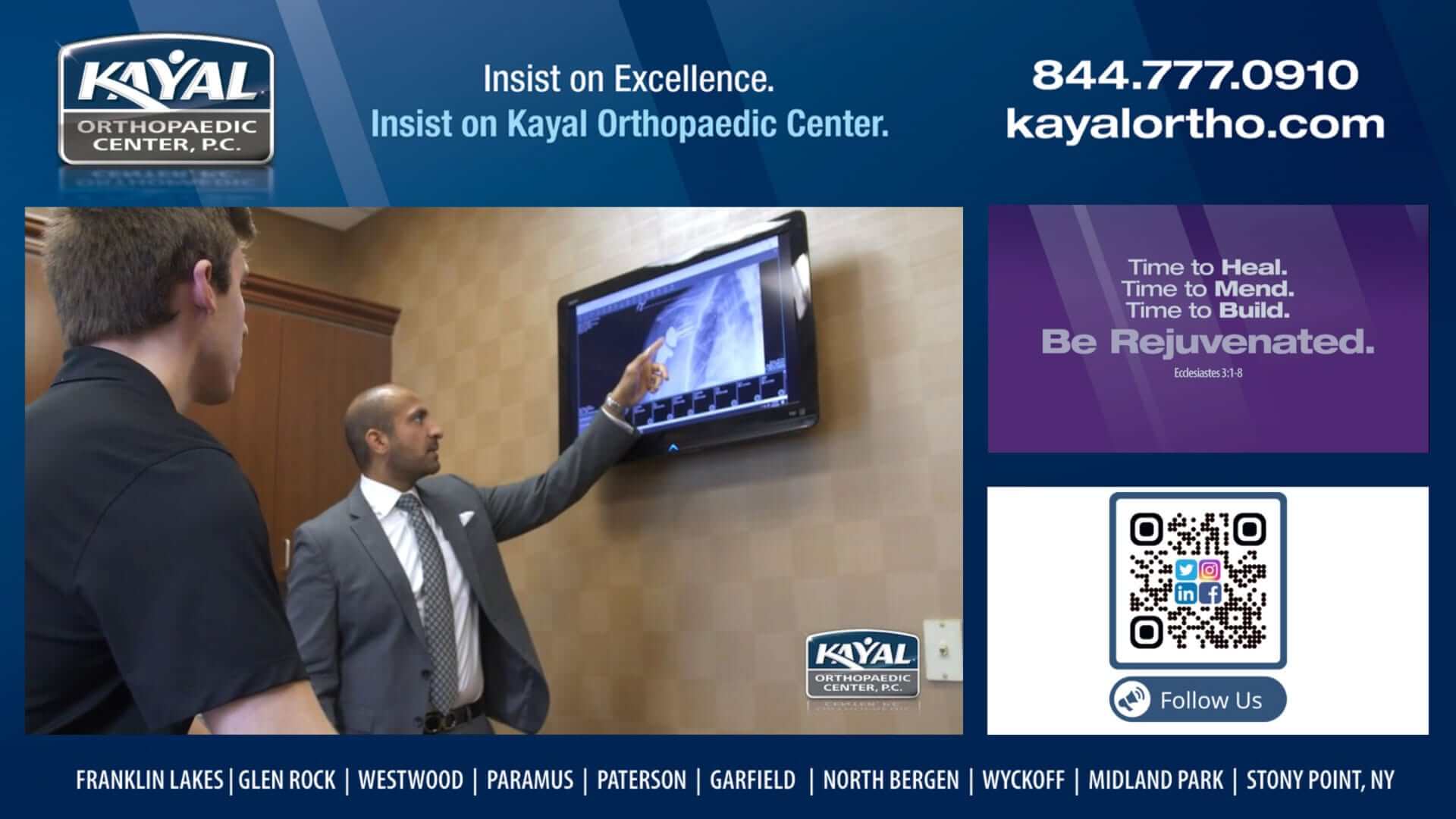 Kayal Orthopaedic healthcare digital signage from Reach Media Network featuring a QR code, business imagery, and bible verses.