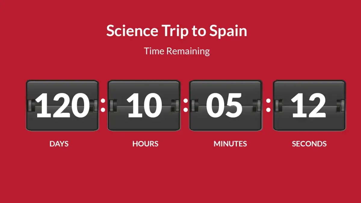 Digital signage screen from Reach Media Network displaying a countdown timer for a Science Trip to Spain.