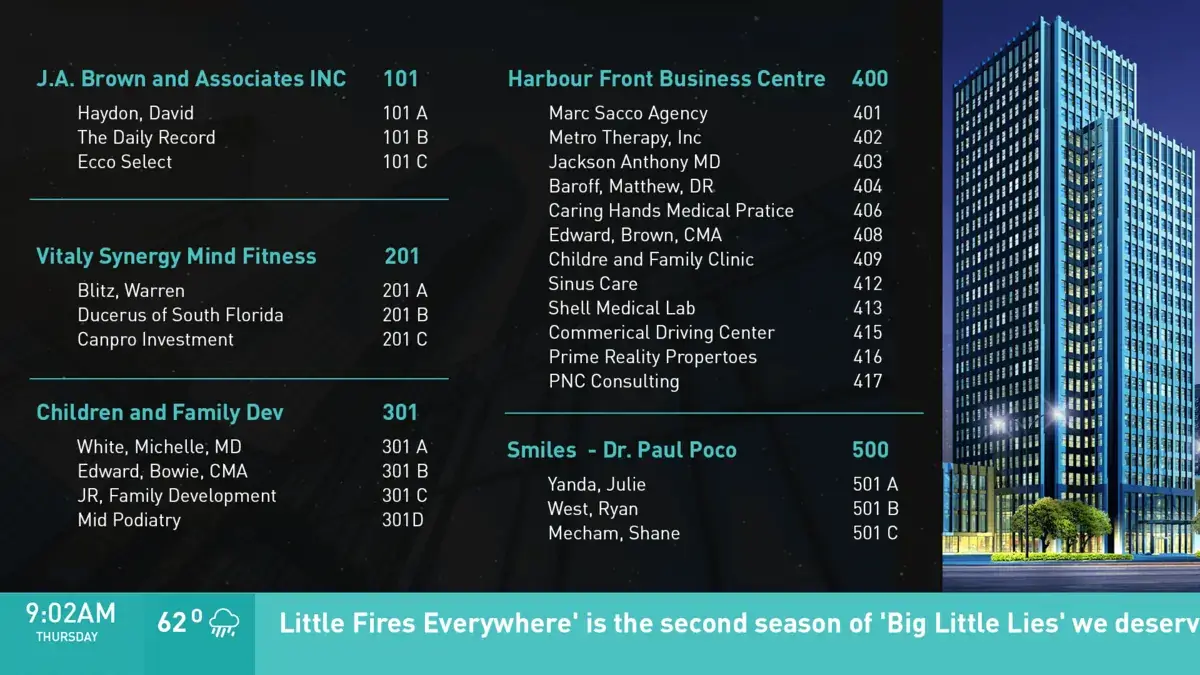 Digital signage screen directory from Reach Media Network displaying company names and individual employees, headlines, and weather.