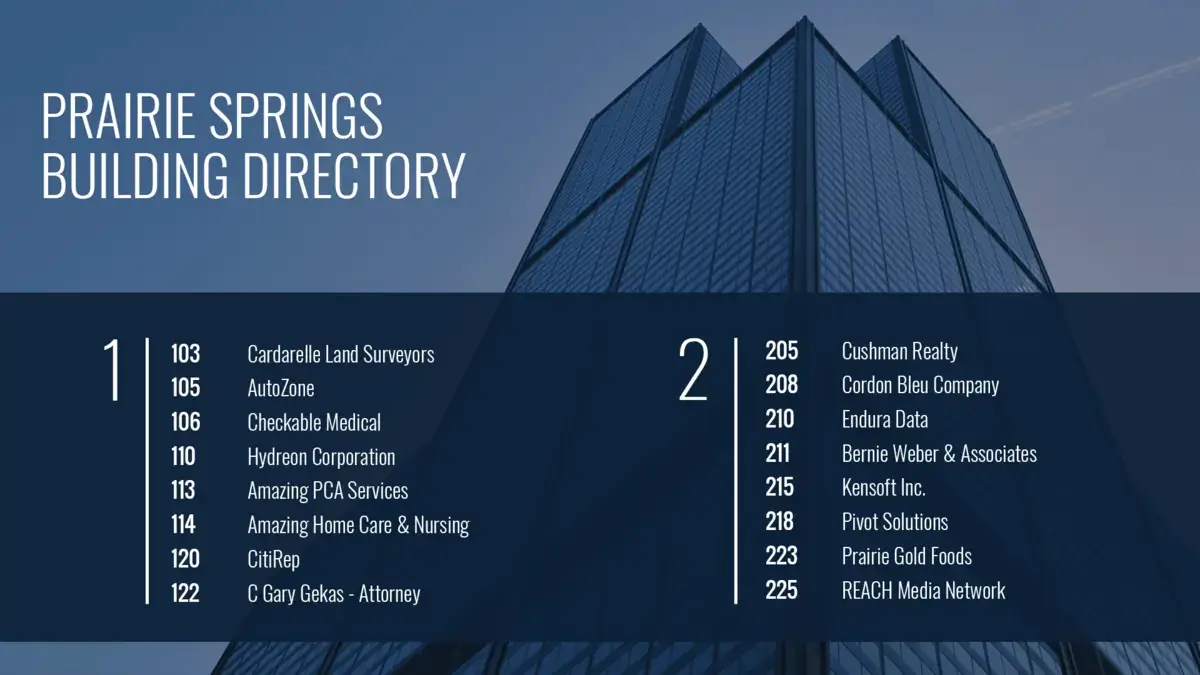 Prairie Springs building digital signage directory screen from Reach Media Network displaying company tenants by floor.