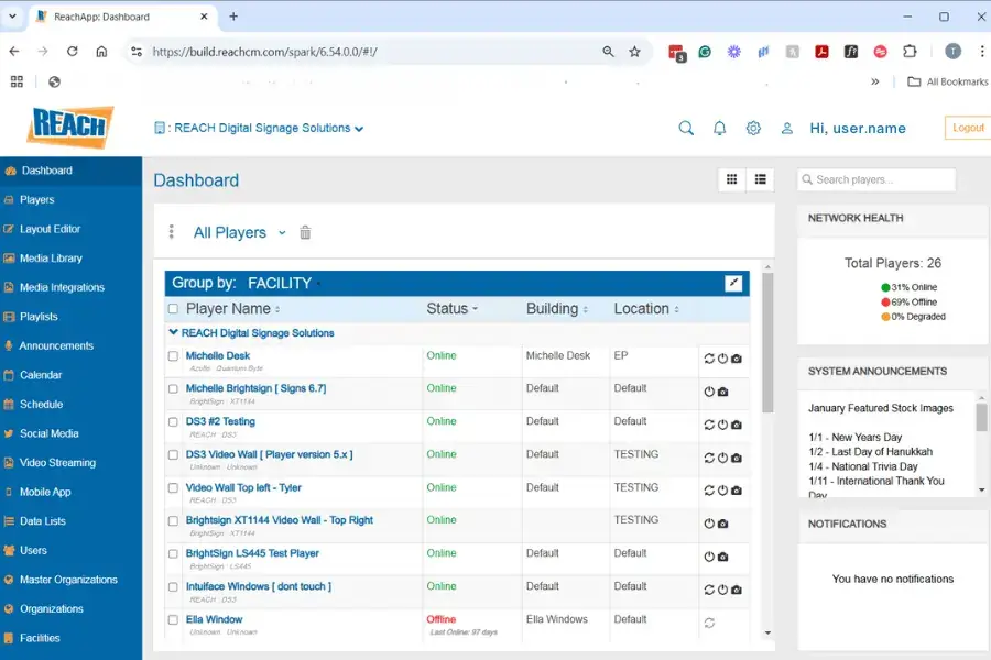 Reach Media Network login (CMS 1.0) Reach Media Network digital signage CMS 1.0 dashboard screenshot