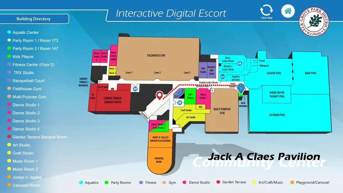 Jack A Claes Pavillion Community Center digital signage screen from Reach Media Network displaying an interactive building directory in Elk Grove Village, IL