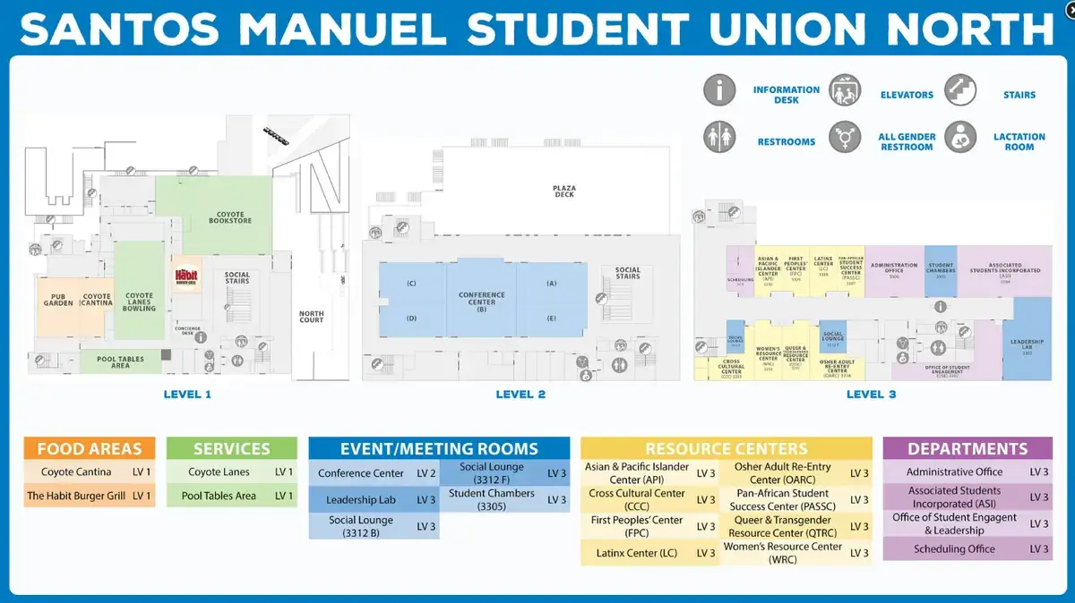 Santos Manuel Student Union digital signage screen from Reach Media Network displaying building directory at California State University, San Bernardino