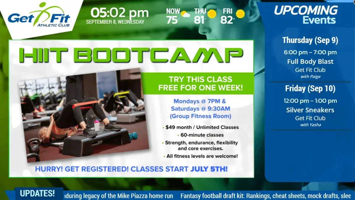 Get Fit Athletic Club Indianapolis digital signage screen from Reach Media Network displaying upcoming events and HIIT bootcamp announcement.