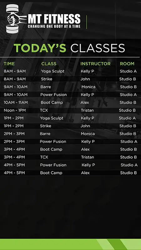 MT Fitness vertical digital signage screen from Reach Media Network displaying daily classes.
