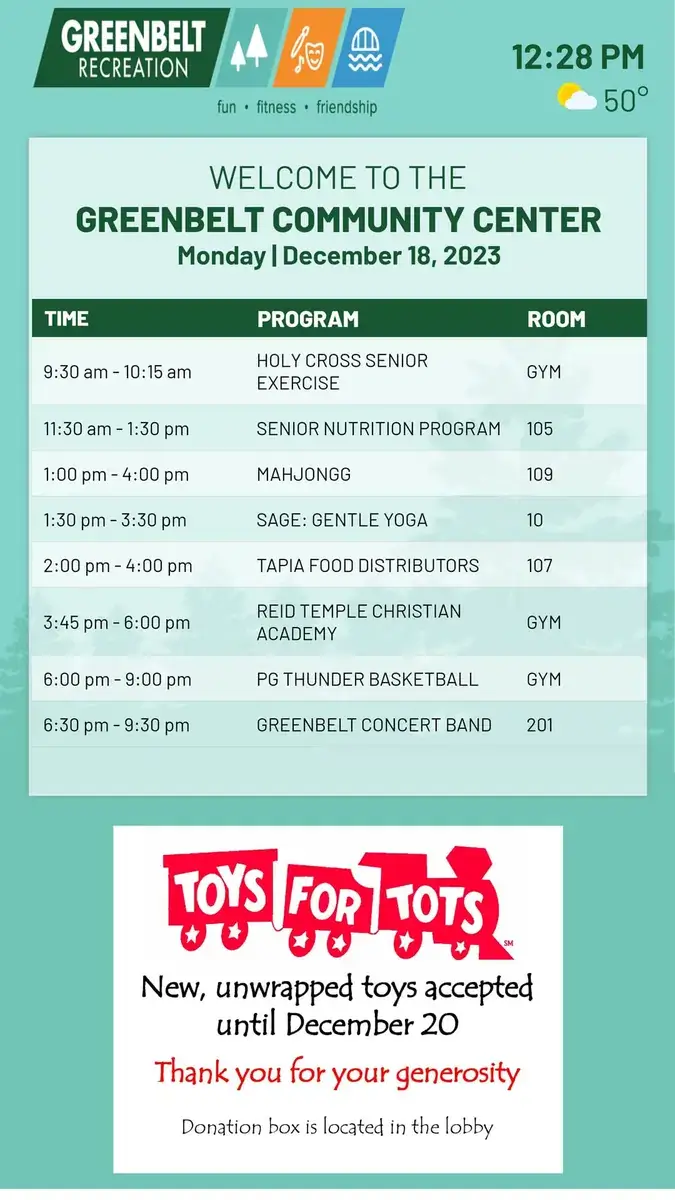 Reach-Media-Network-Greenbelt-Recreation-community-center-Gym-digital-signage Greenbelt recreation vertical digital signage software from Reach Media Network displaying hourly program schedule and announcements.