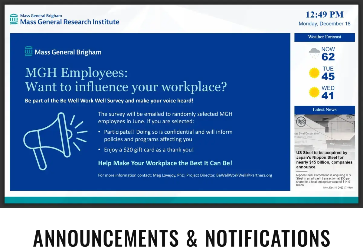 Mass General Research Institute digital signage screen from Reach Media Network displaying announcements, weather, and latest news.