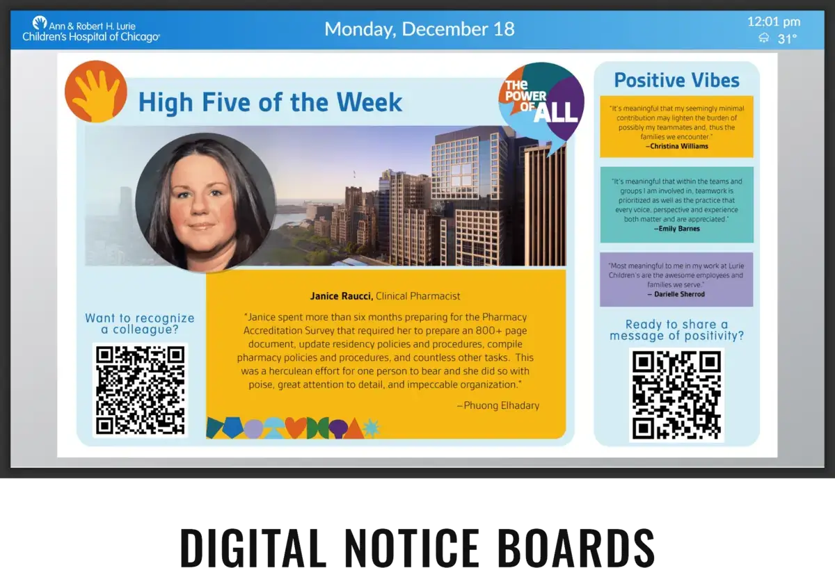 Children's Hospital of Chicago digital signage screen from Reach Media Network displaying employee quotes and QR codes.