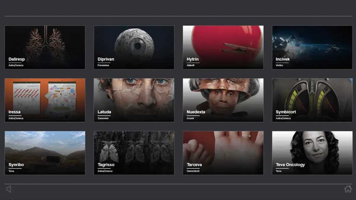 Abelson Taylor digital signage touch screen from Reach Media Network displaying various article topics.