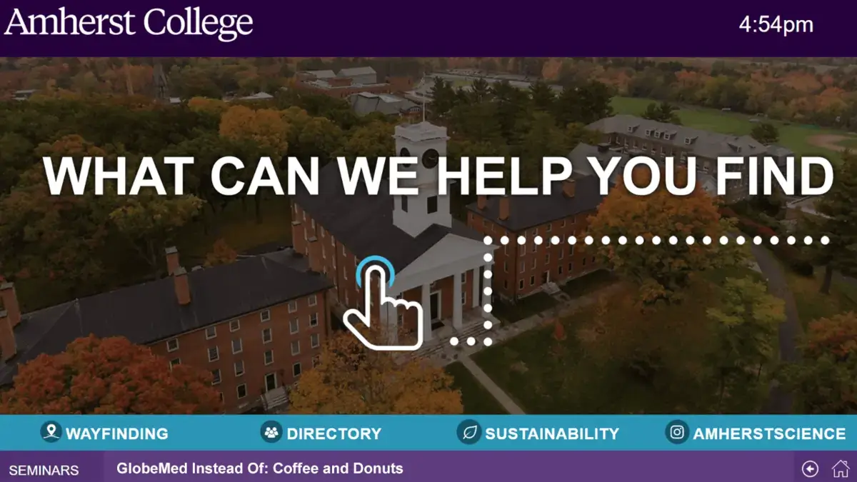 Amherst College digital signage touch screen from Reach Media Network displaying wayfinding, directory, and social media options.