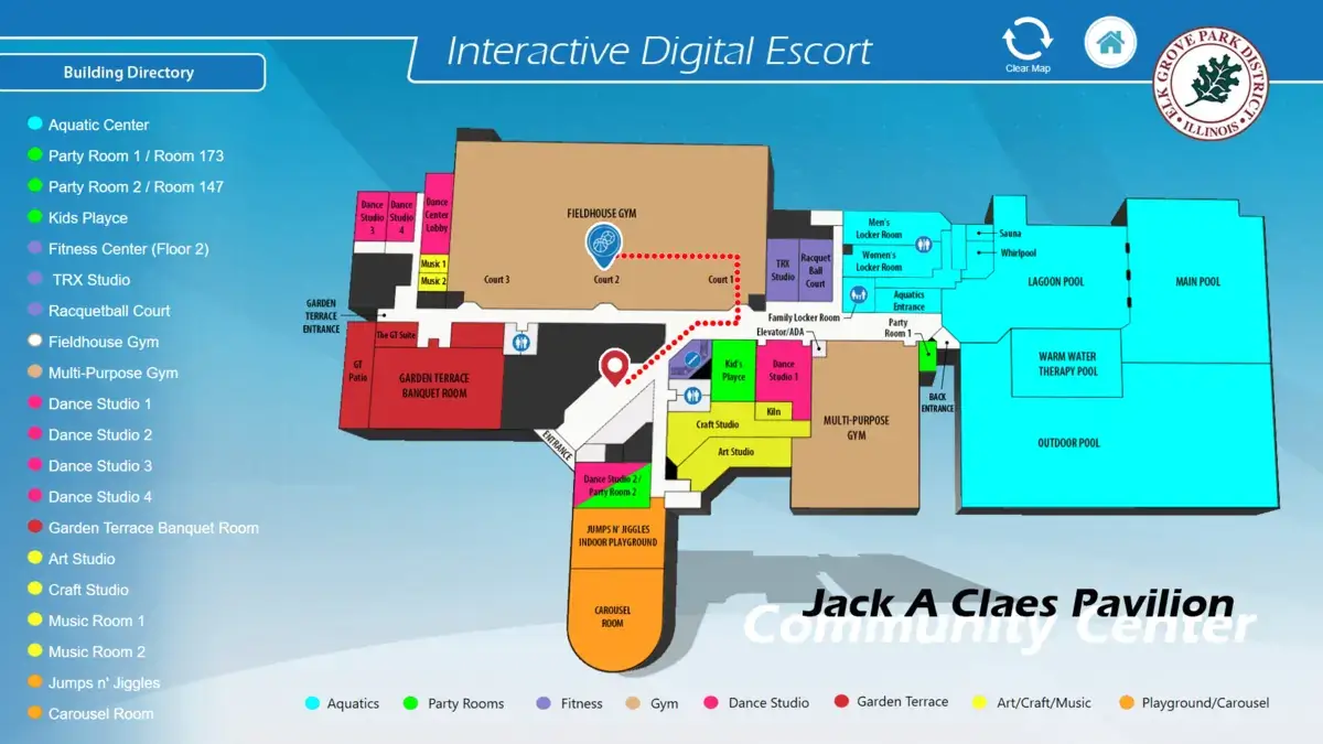 Elk Grove Community Center digital signage touchscreen from Reach Media Network displaying building directory.