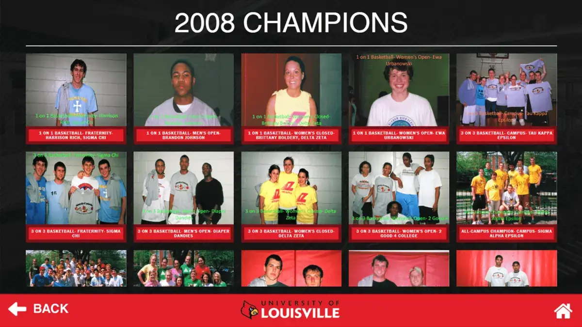 University of Louisville digital signage touch screen from Reach Media Network displaying 2008 recreation sports champions.