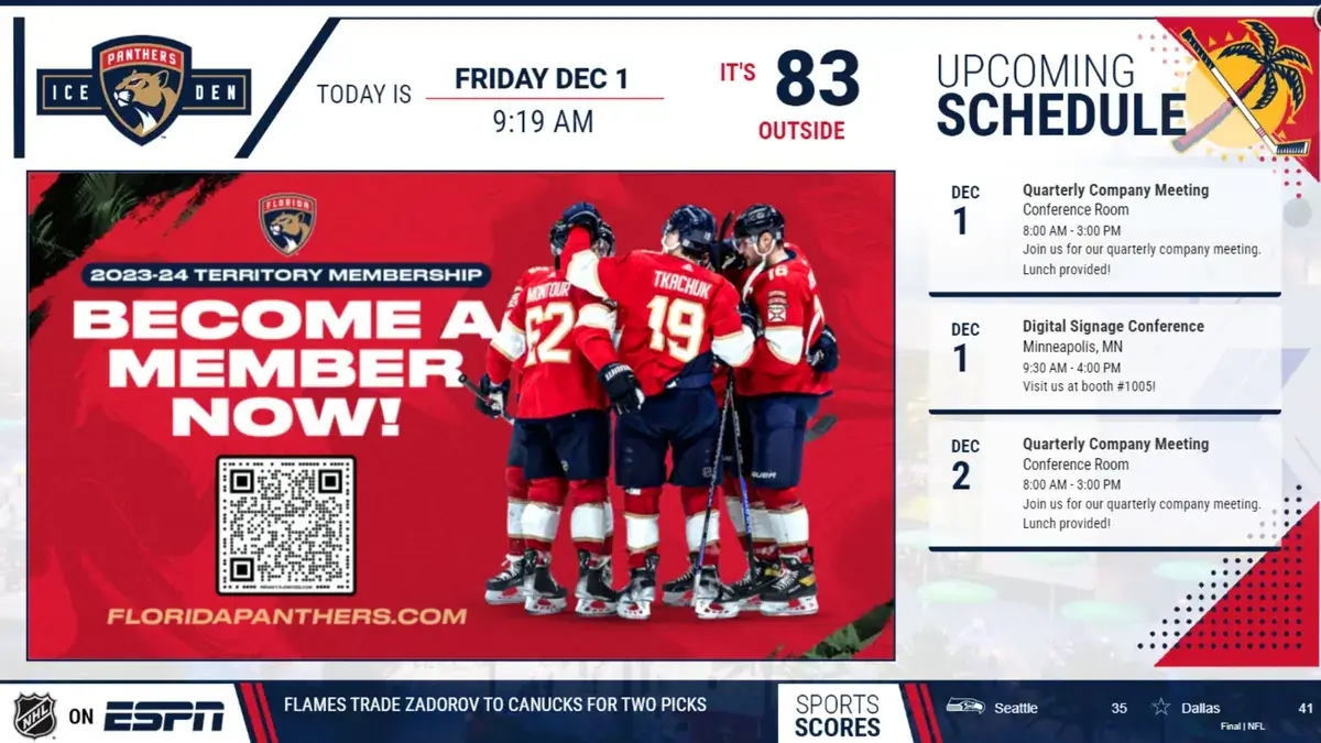 Florida Panthers ice sports arena digital signage from Reach Media Network displaying upcoming schedule, sports news, sports scores, and announcements.