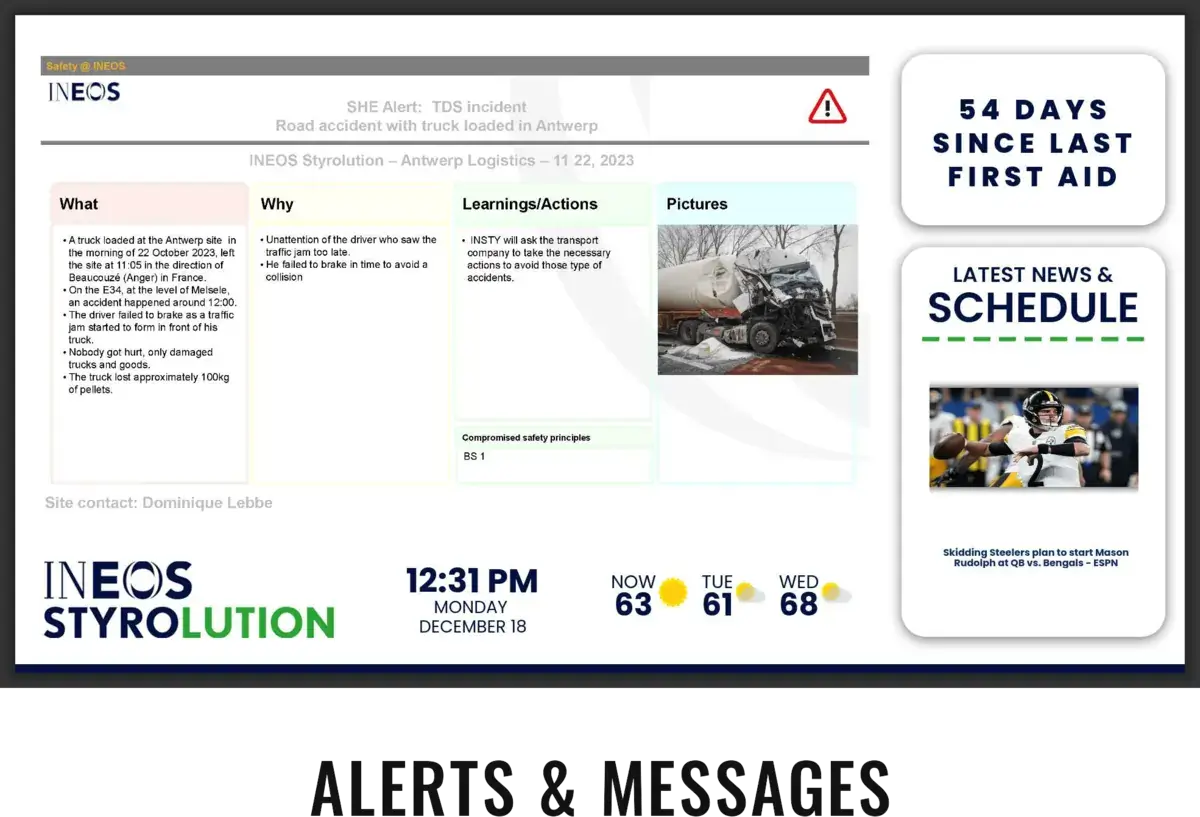 Ineos Styrolution digital signage screen from Reach Media Network displaying countdown timer, latest news and schedule, and employee training.