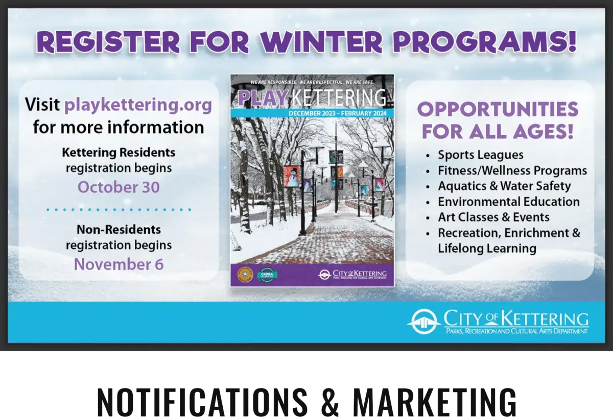 City of Kettering digital signage screen from Reach Media Network displaying promotions and registration dates.