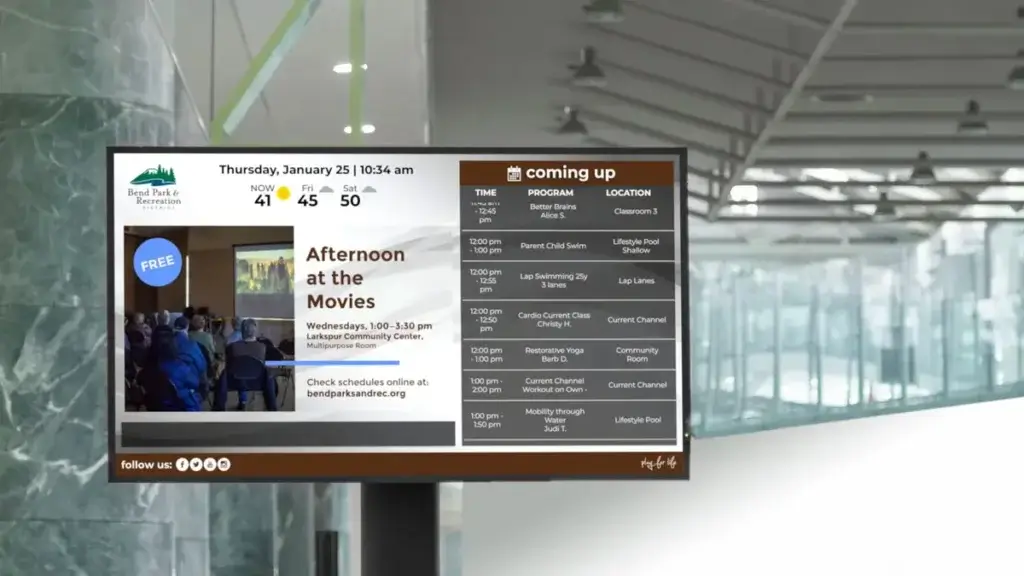Parks and rec digital signage screen displaying schedule and announcements, Reach Media Network