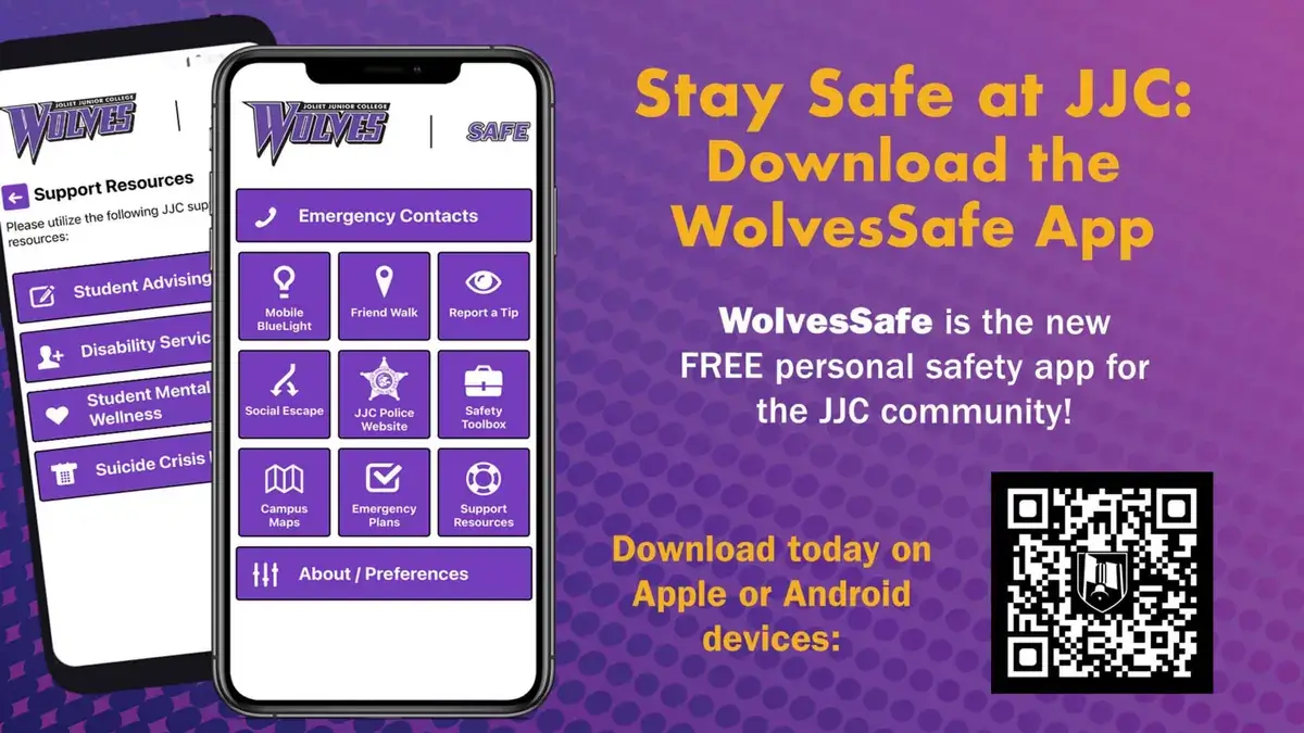 Reach-Media-Network-school-digital-signage-Joliet-Junior-College-Wolves Joliet Junior College digital signage screen from Reach Media Network displaying safety message and app promotion.
