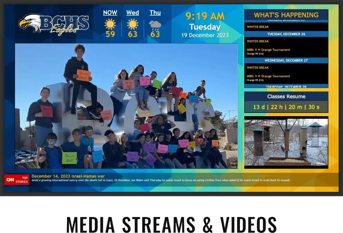 High School digital signage screen from Reach Media Network displaying events, class countdown, CNN news, and student imagery.
