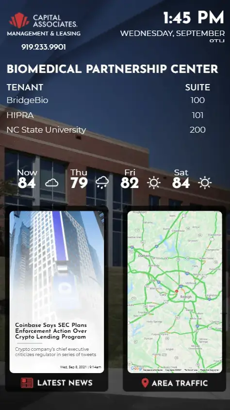 Capital Associates Biomedical Partnership Center digital signage screen from Reach Media Network displaying tenants, 3-day weather forecast, latest news about Coinbase, and local area traffic map.