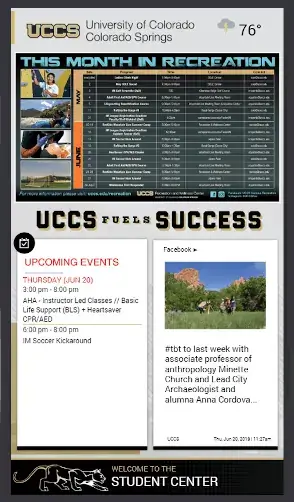 University of Colorado - Colorado Springs vertical digital signage screen from Reach Media Network displaying upcoming events, recent facebook post, and monthly recreation schedule.