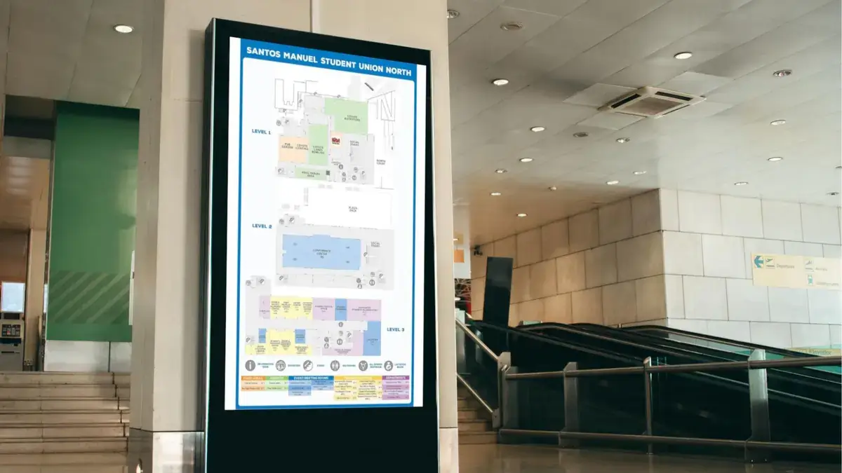 Digital signage software from Reach Media Network featured on a vertical screen and displaying building directory for Santos Manuel Student Union at California State University, San Bernardino
